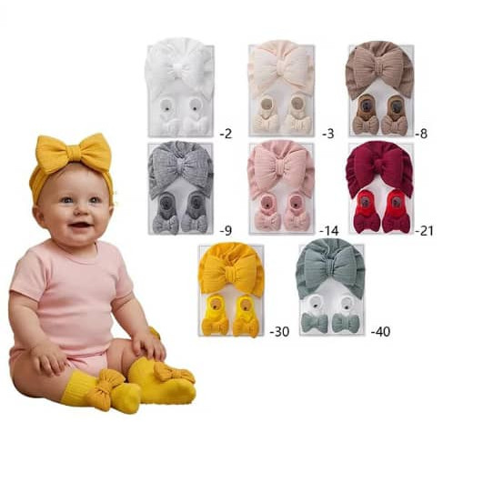 Ensemble bonnet et chaussettes tricoté en coton respirant pour nouveau né, couleur unie. 0 à 6mois.