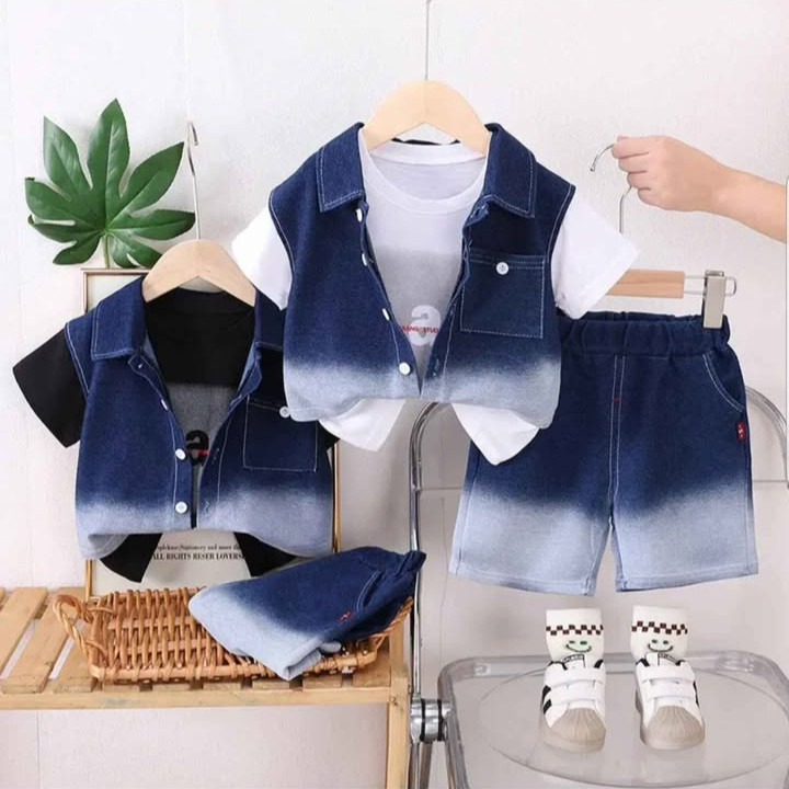 Complet garçon trois pièces à manche courte, très confortable. Denim costume 1ans, et 4ans.